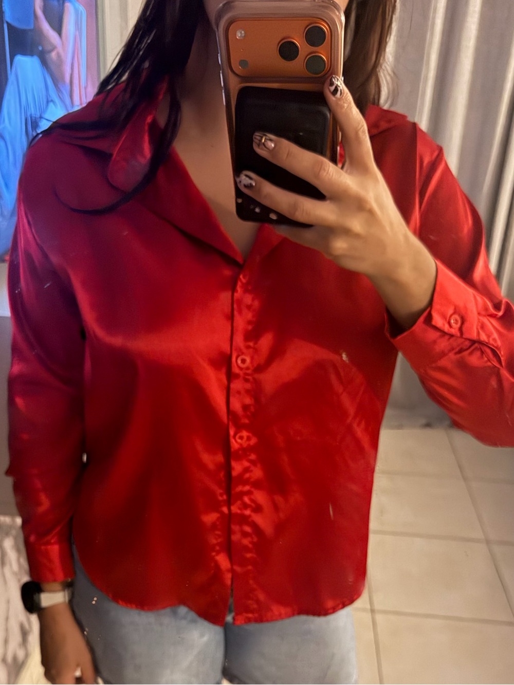 Satin Red Button-Down Blouse with Classic Collar